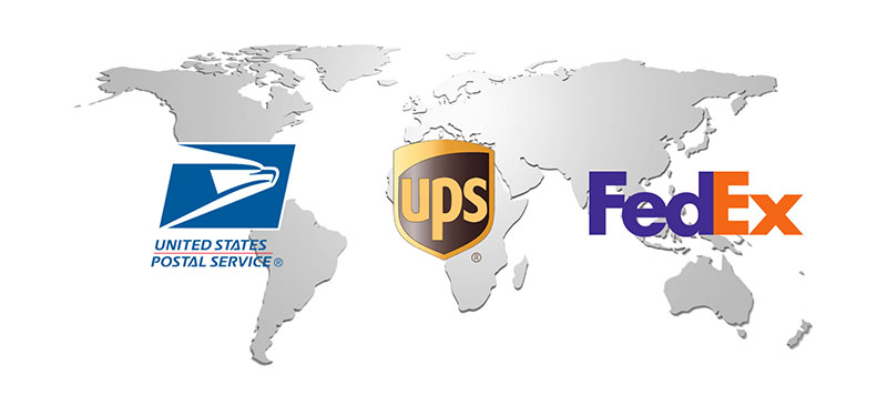 logos for the united states postal servcie, UPS, and FedEx